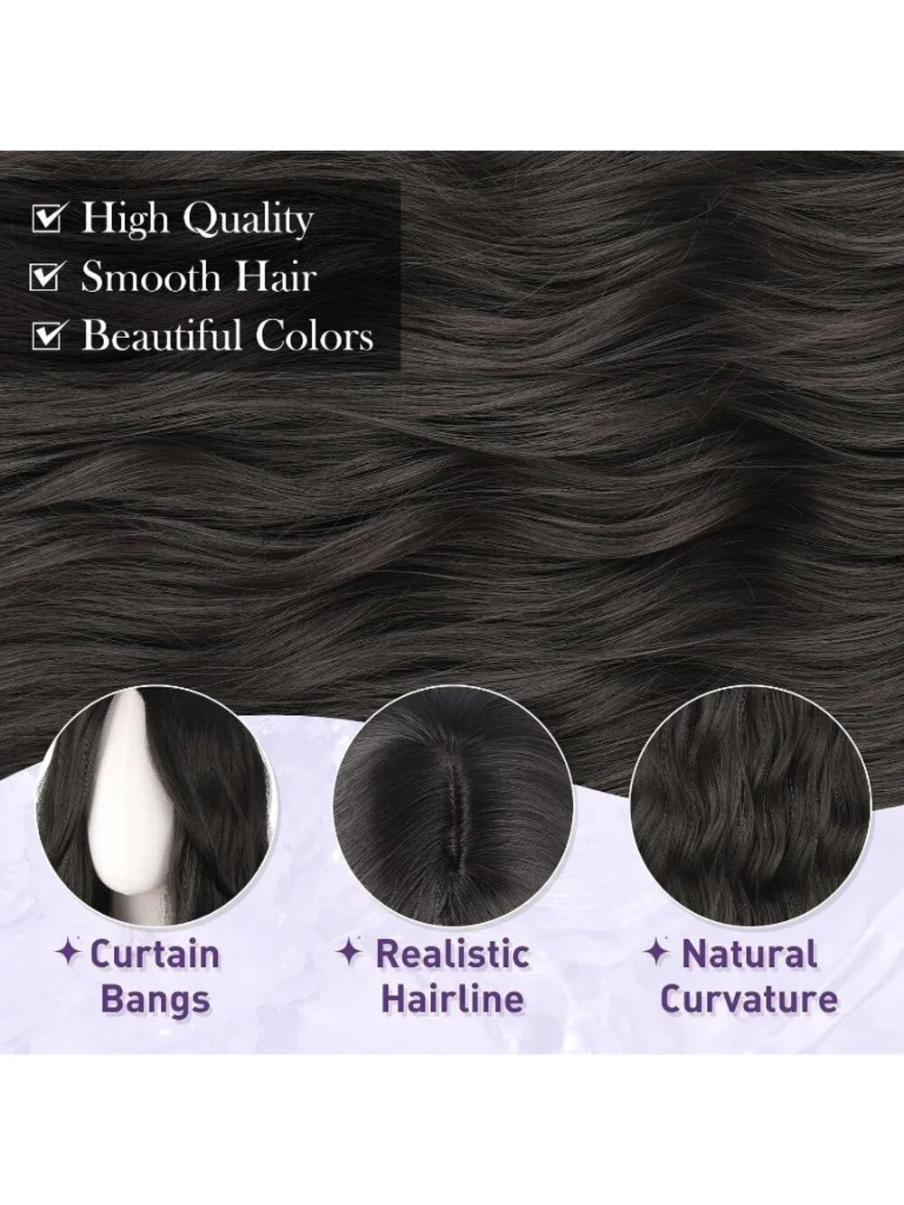Women's Dark Brown 26 Inch Heat Resistant Curtain Bangs Long Wavy Wigs